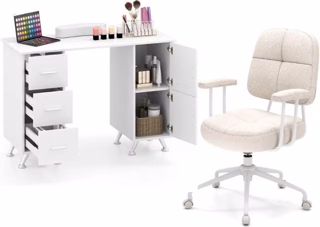 Tavolo per unghie con cassetti e sedia da ufficio ergonomica girevole, Postazione lavoro in legno e sedia per computer imbottita-Ufficio e studio