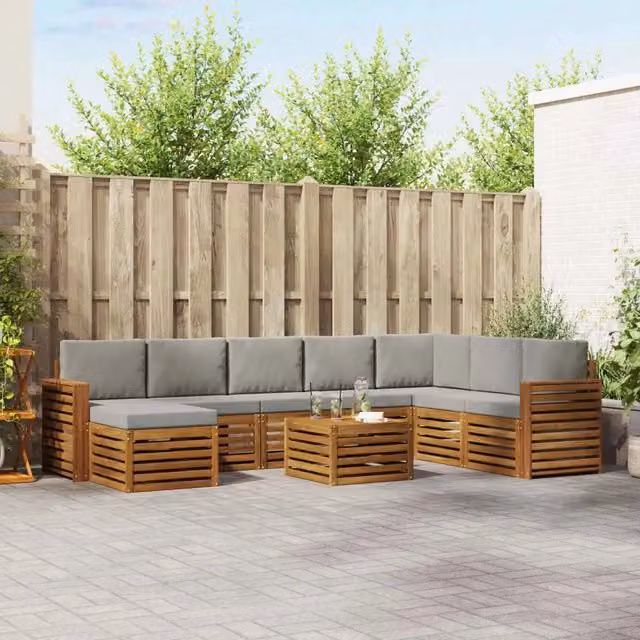 Set di divani da esterno a L vidaXL in legno di acacia con cuscini grigi, composto da 9 pezzi con tavolino e pouf – 1