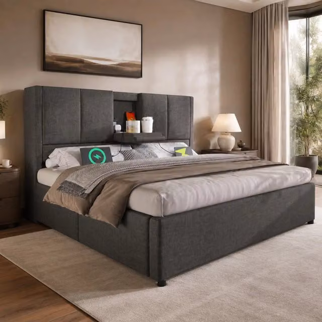 Letto imbottito 140x200 cm con contenitore; portabicchieri nascosti e stazione di ricarica; grigio