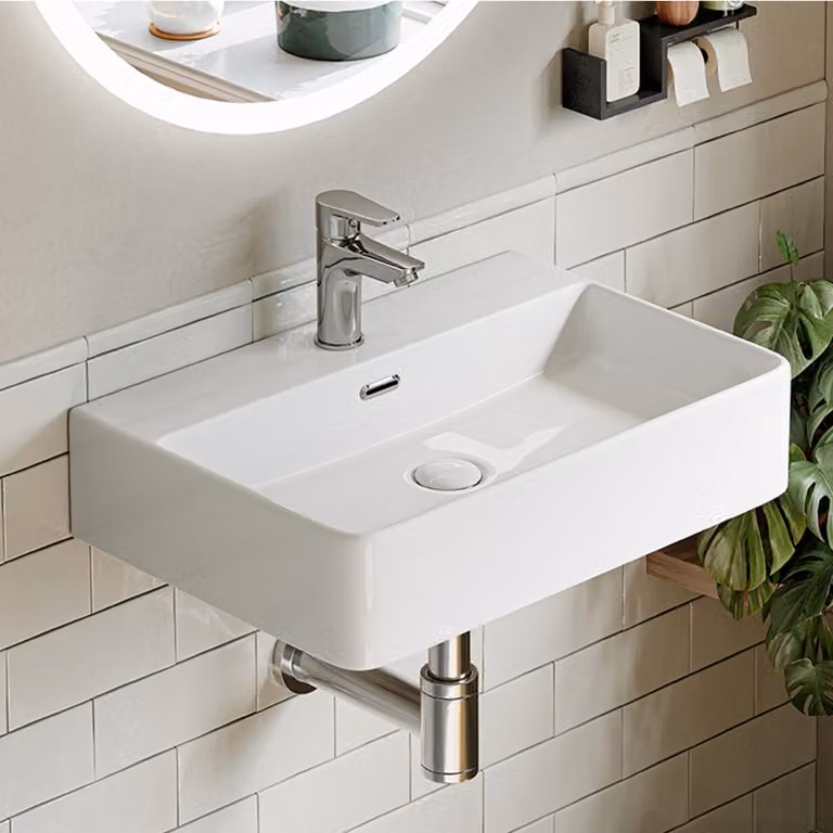 Lavabo HOROW, 60 x 42 cm, da montare a parete, lavabo sospeso in Vetroceramica, rettangolare, con foro per rubinetto e troppofilo