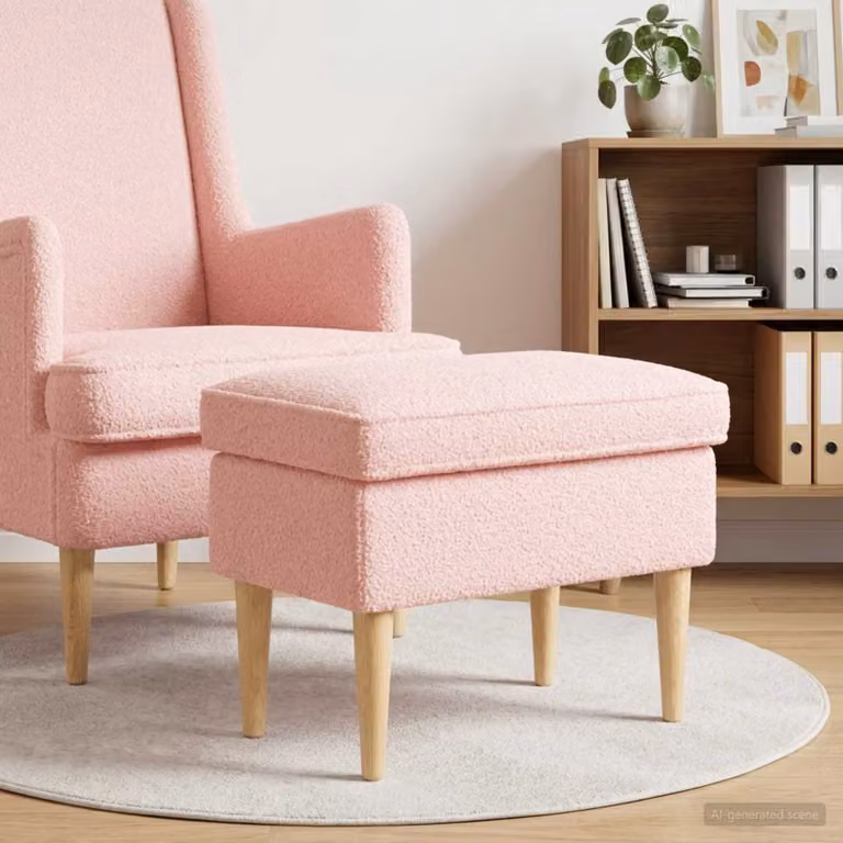 Poggiapiedi vidaXL in tessuto bouclé rosa con struttura in legno, L 55 x P 35 x H 41 cm