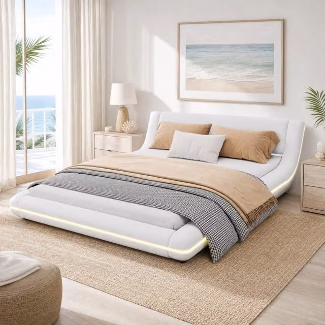 Letto a pavimento 140x200 cm con LED; in PU e MDF bianco
