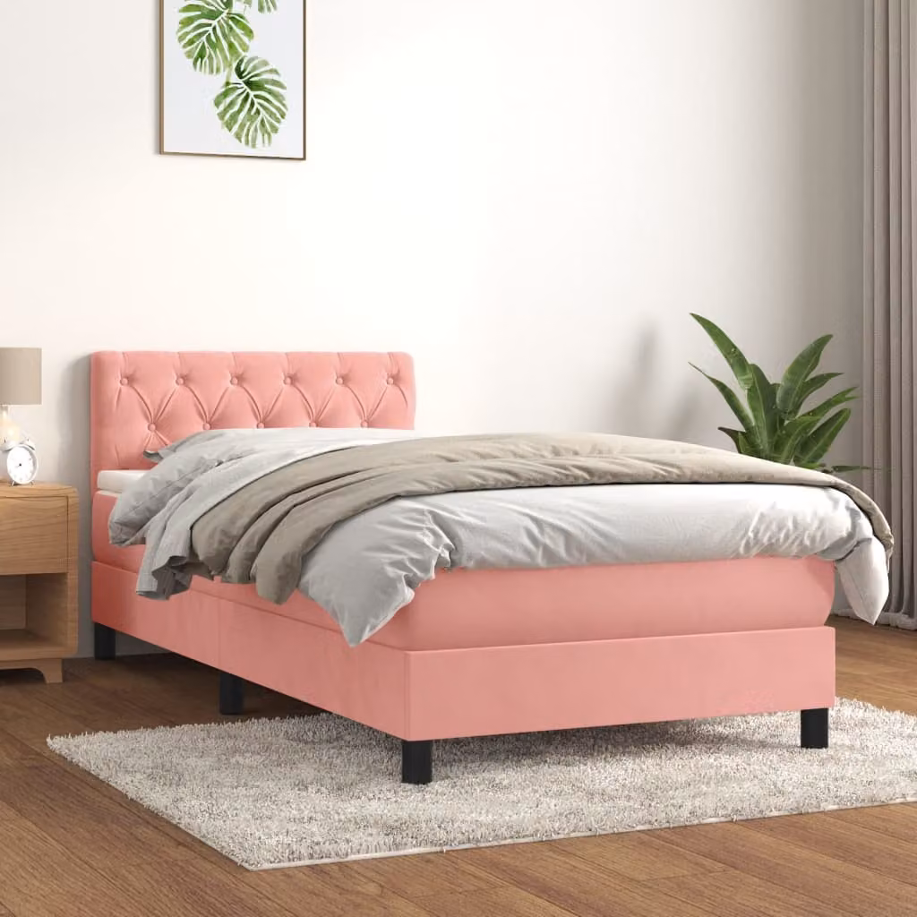 Letto con Giroletto a Molle e Materasso Ibrido vidaXL in Velluto Rosa, L 80 x P 200 cm
