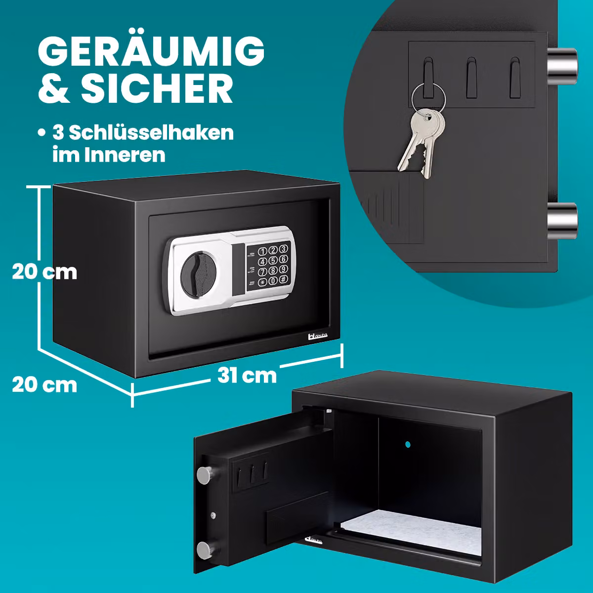 Cassaforte elettronica Deuba in acciaio nero e grigio, da parete o da mobile, L/P/H: 31 x 20 x 20 cm – 4