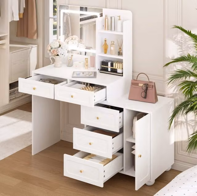 Toeletta MODFU con specchio HD e illuminazione LED regolabile, bianca, L: 80 cm, P: 39,8 cm, H: 127 cm