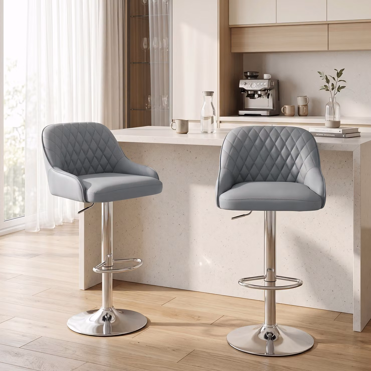 Set di 2 sgabelli da bar girevoli e regolabili Aosom, rivestimento in ecopelle grigio chiaro con struttura in metallo per cucina e sala da pranzo – 2