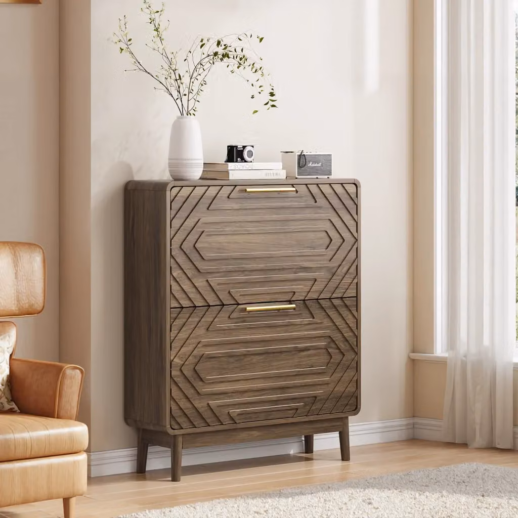 Scarpiera moderna Mivray con due vani a ribalta e ripiano aperto, in MDF color marrone opaco, ideale per il tuo ingresso – 2