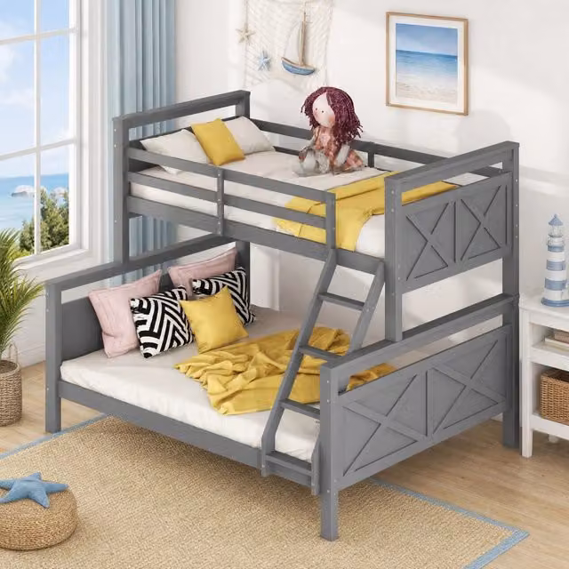 Letto a castello in pino con scala e sponde; convertibile in 2 letti; grigio; 90x200/140x200 cm