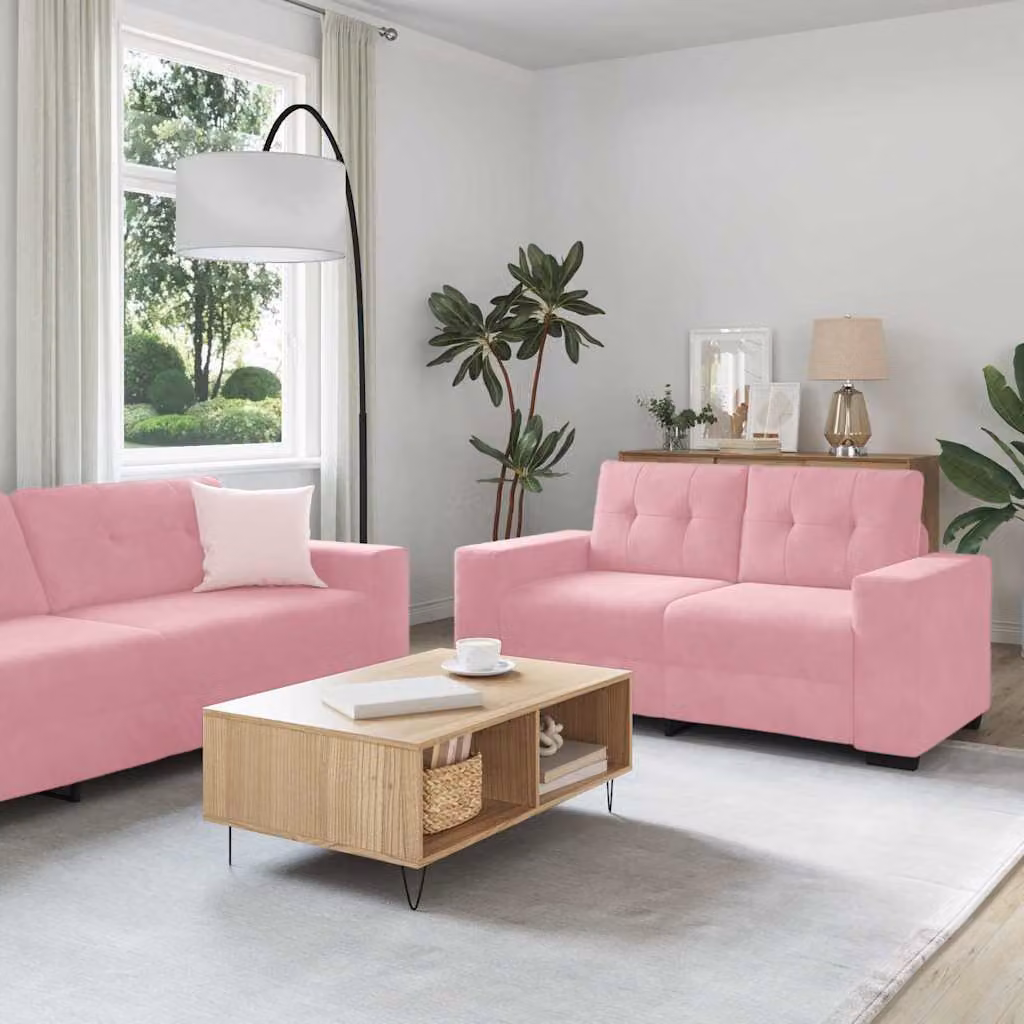 Set di divani 3 pezzi vidaXL in velluto rosa per soggiorno con poltrona, divano a 2 posti e divano a 3 posti
