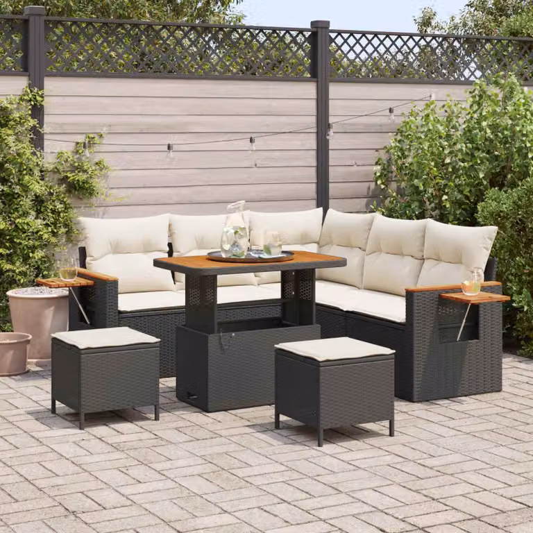 Set Divano da Giardino Moderno vidaXL in Polyrattan Nero e Beige con Cuscini e Tavolino da 8 Pezzi