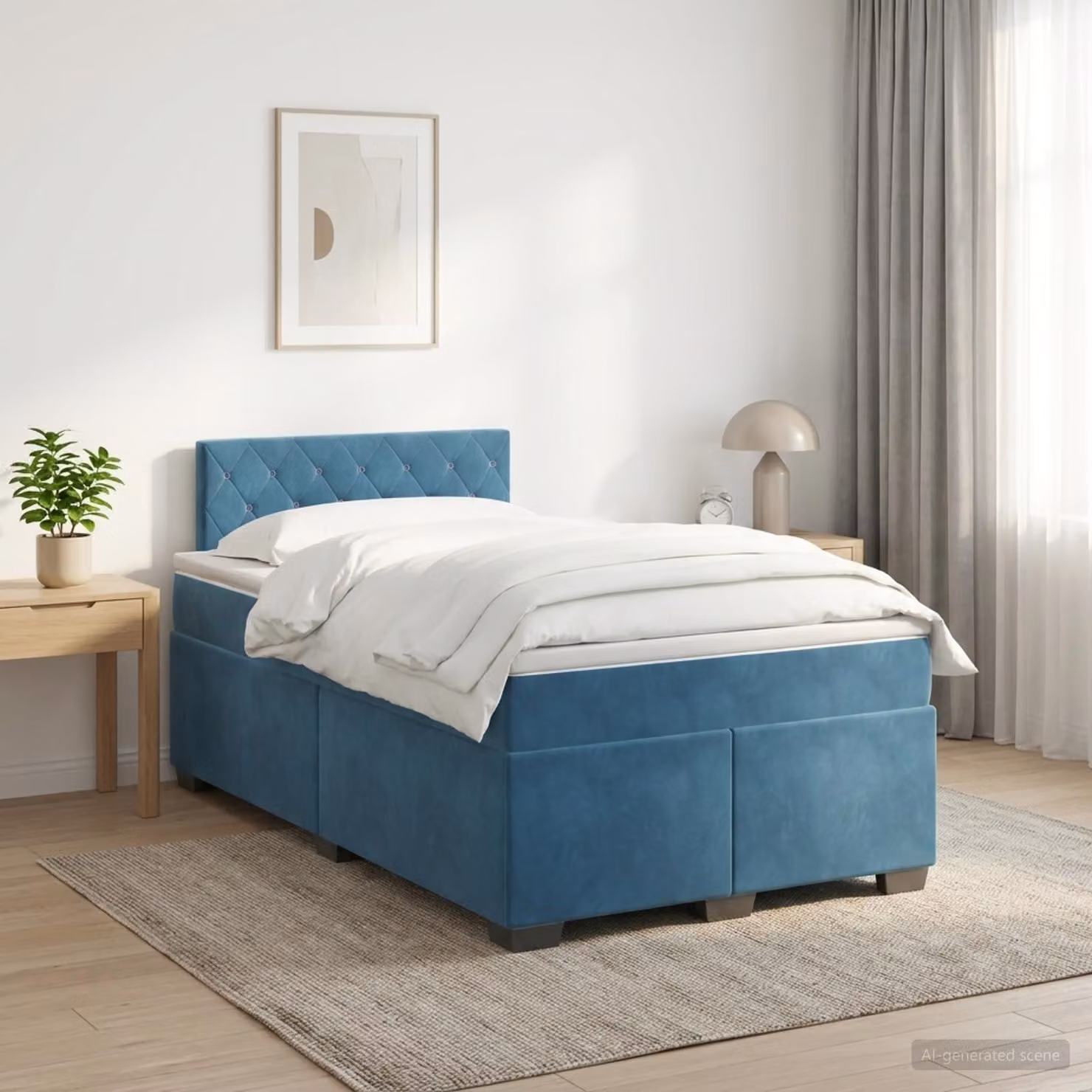 Letto matrimoniale con boxspring e materasso, imbottitura in velluto, con testiera blu, dimensioni 120 x 190 cm