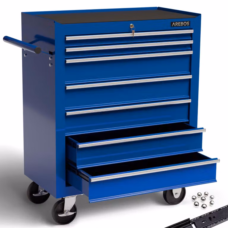 Carrello da officina AREBOS 7 cassetti, chiudibile a chiave, tappetini antiscivolo, blu
