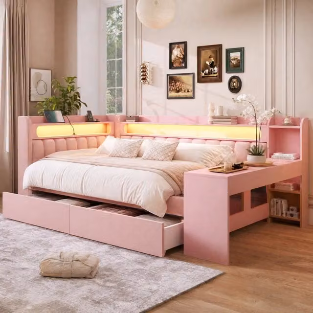 Letto da giorno imbottito 140x200 cm con scrivania; LED a 7 colori; USB e 2 cassetti; rosa