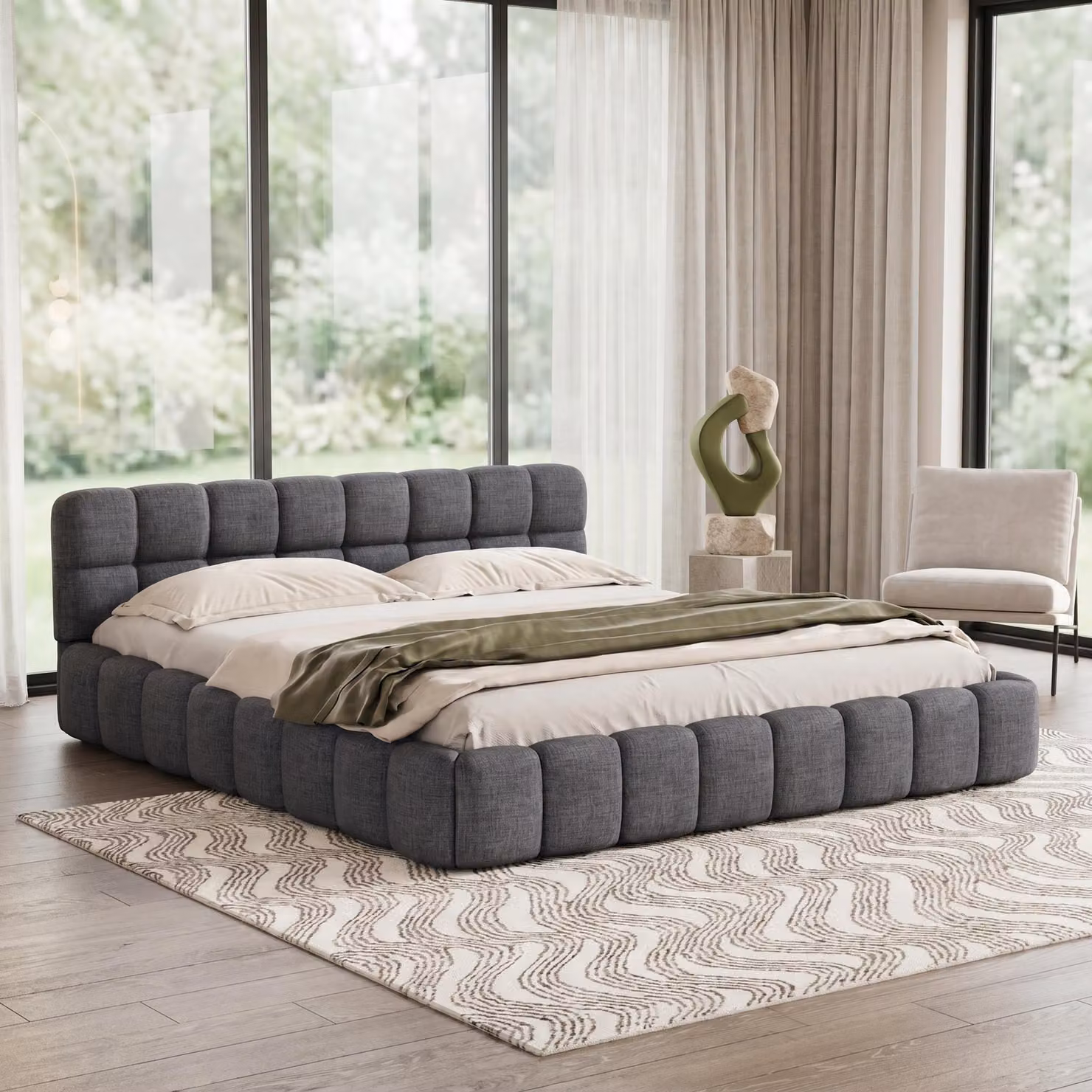 Letto imbottito INONEFT modello Bubble, 140x200 cm, letto matrimoniale con rete a doghe, letto per ragazzi con testiera e schienale imbottiti, tessuto in lino, colore grigio