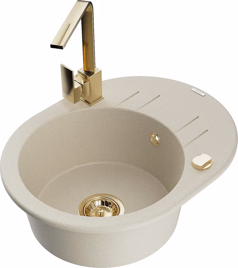 Mexen Kevin lavello in granito singolo con scolapiatti e rubinetto da cucina Rita, beige - 6517-69-670300-50