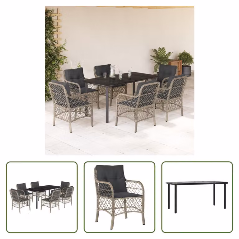The Living Store Set da pranzo da giardino 7 pezzi con cuscini in poly rattan grigio chiaro