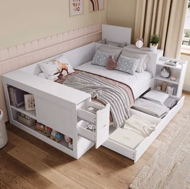 Letto multifunzionale con cassetti e spazio contenitore laterale; bianco; in MDF; 140x190 cm