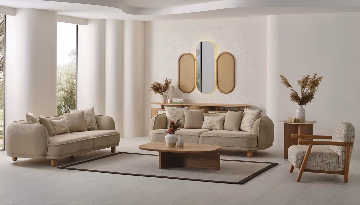Modernes Sofa-Set mit 2 Sofas und 1 Sessel Beige Hochwertig Möbel stilvolle