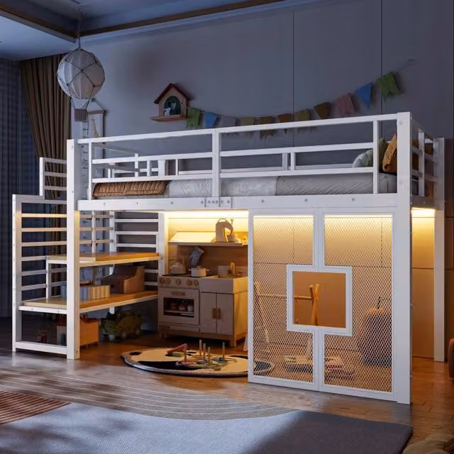 Letto a castello in metallo 90x200 - Xylo - Illuminazione LED, bianco