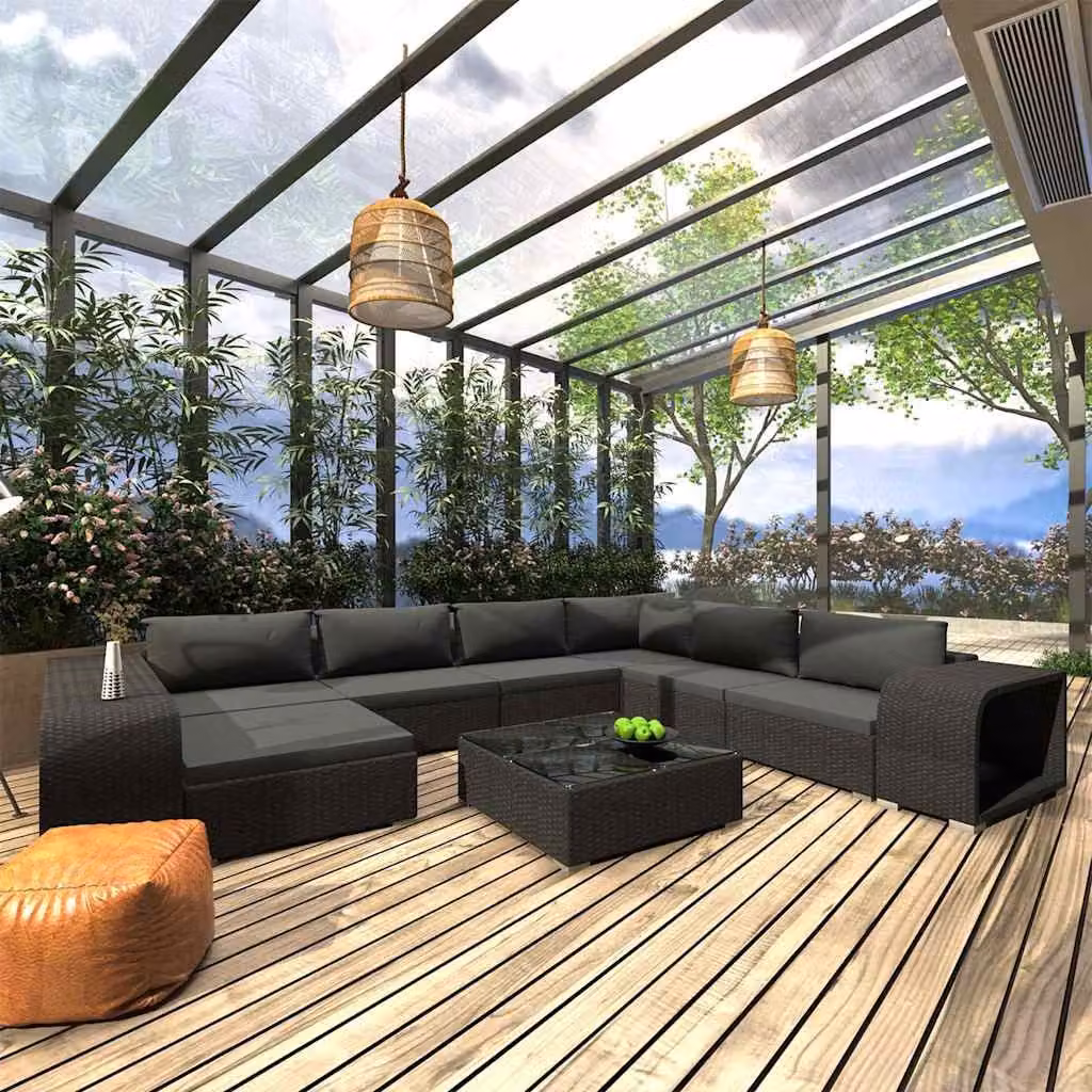 Set Divani da Giardino vidaXL 10 Pezzi in Polyrattan Nero con Cuscini e Tavolino da Esterno