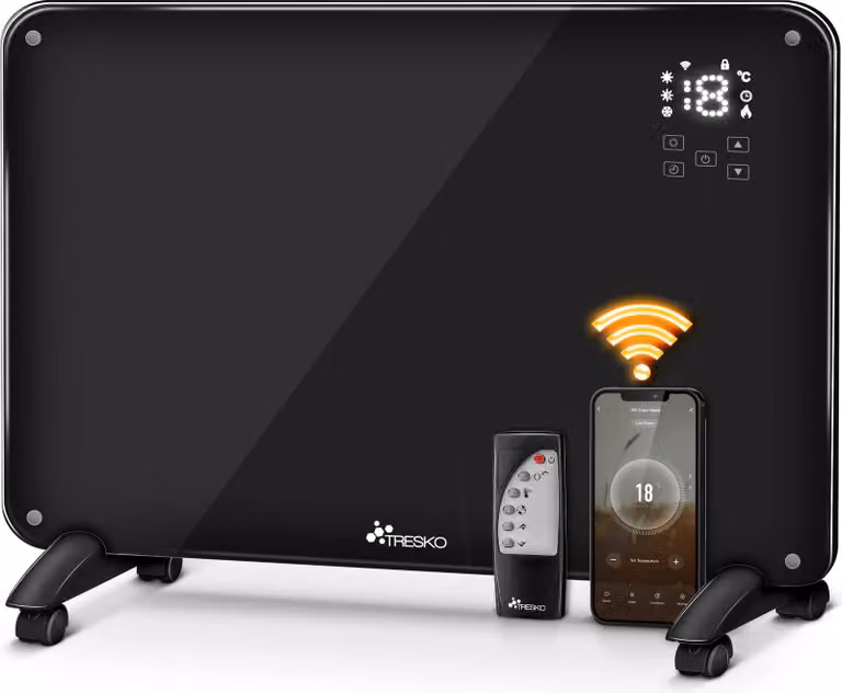 Stufa a convezione in vetro da 2000 Watt - Stufa elettrica da pavimento con telecomando - Colore nero