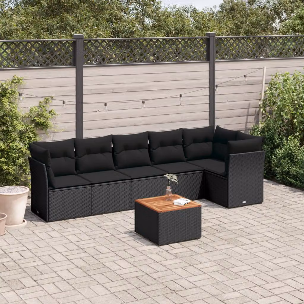 Set di divani da giardino vidaXL a forma di L in polyrattan nero con cuscini e tavolino da esterno – 1