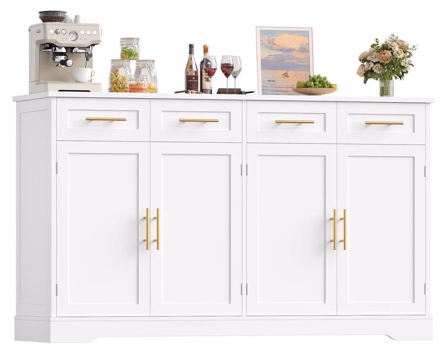 Mobile contenitore da 150 cm, bianco, con 4 ante e 4 cassetti, pensile da cucina con piano di lavoro