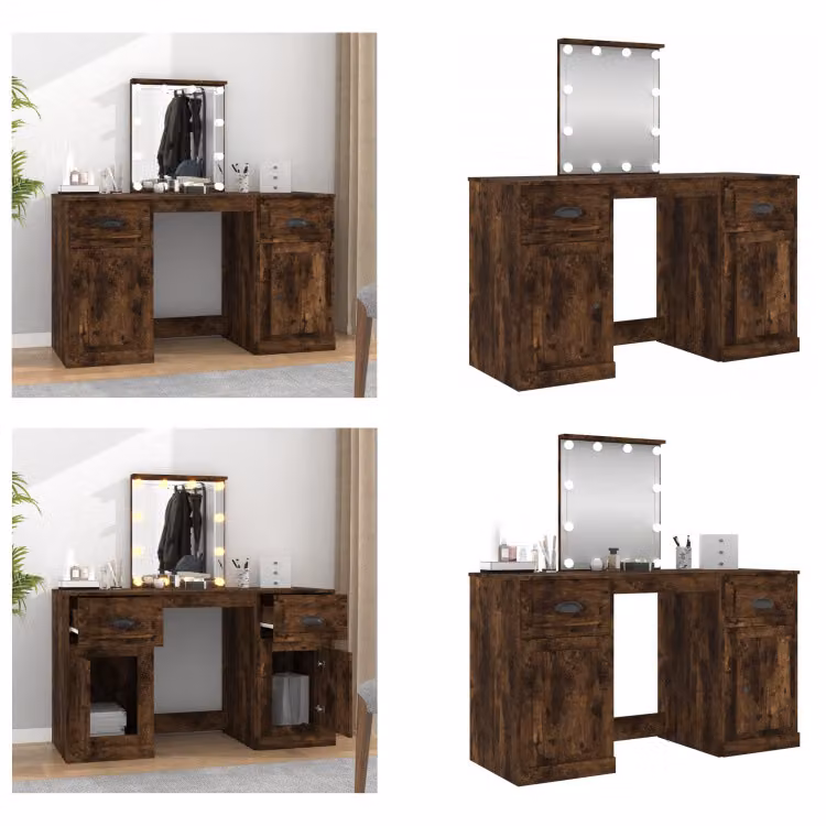 vidaXL Tavolo da toilette con luci LED in rovere fumé 130x50x132,5 cm - Tavolo da toilette - Tavolo da trucco - Tavolo cosmetico - Tavolo da toilette