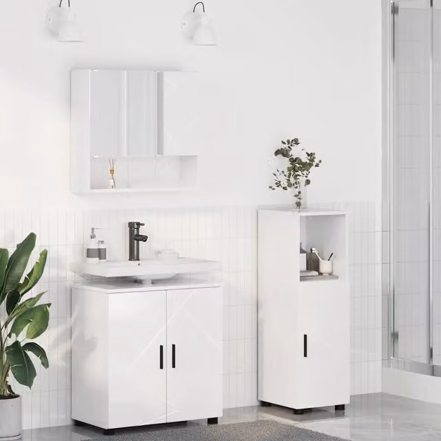 Set di mobili per il bagno moderno vidaXL composto da mobile lavabo, armadietto con specchio e colonna, bianco lucido, L/P/H: 61 x 35 x 64 cm