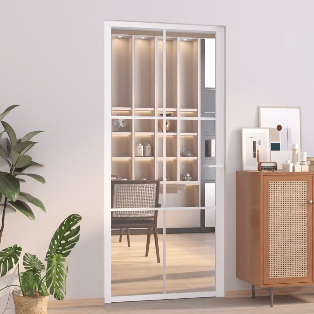 Porta interna The Living Store 93x201,5 cm vetro temperato di sicurezza bianco e alluminio
