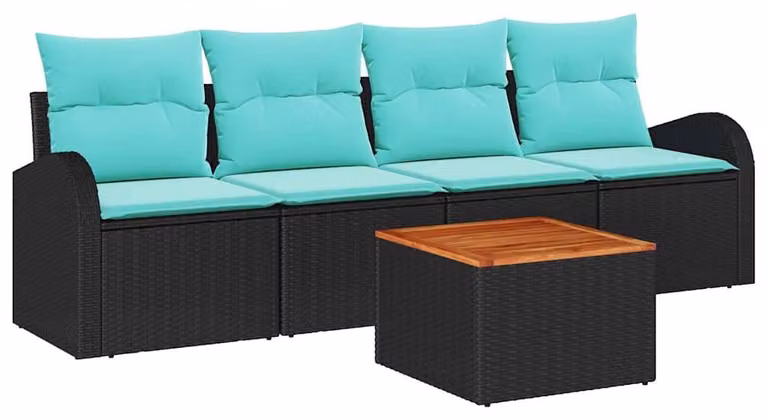 Set da giardino composto da 5 pezzi, in rattan sintetico nero e turchese