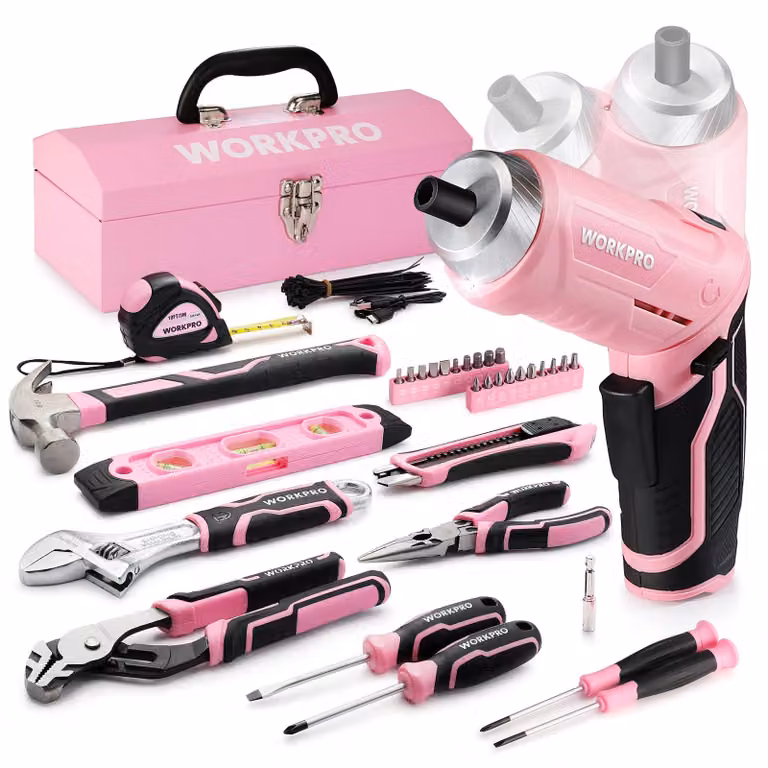 Set di attrezzi WORKPRO da 73 pezzi, rosa, con avvitatore a batteria compatto, valigetta in metallo rosa contenente attrezzi per riparazioni domestiche, inclusa livella a bolla, pinza a pappagallo e ideale come regalo per la mamma appassionata di fai-da-t
