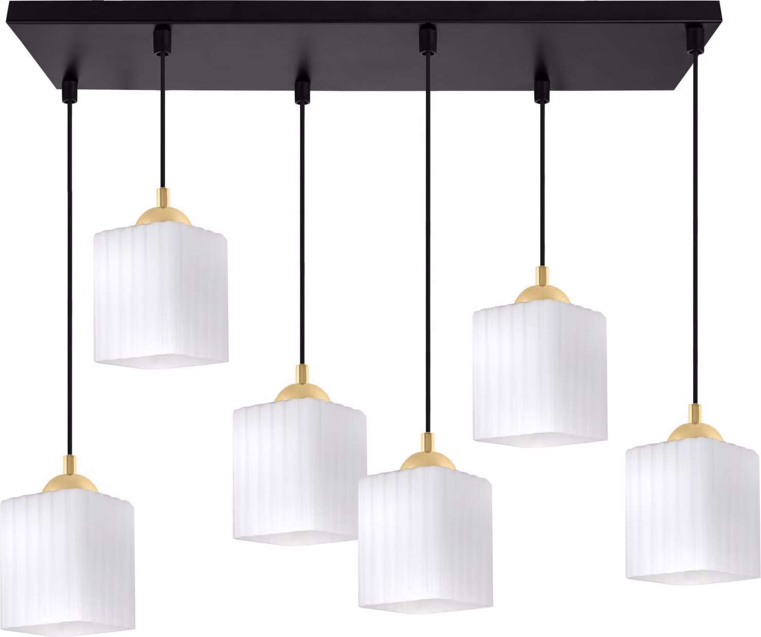 Lampada a sospensione Riffle nera e dorata a 6 luci con paralumi cubici bianchi E27 – elegante lampada a sospensione per interni moderni