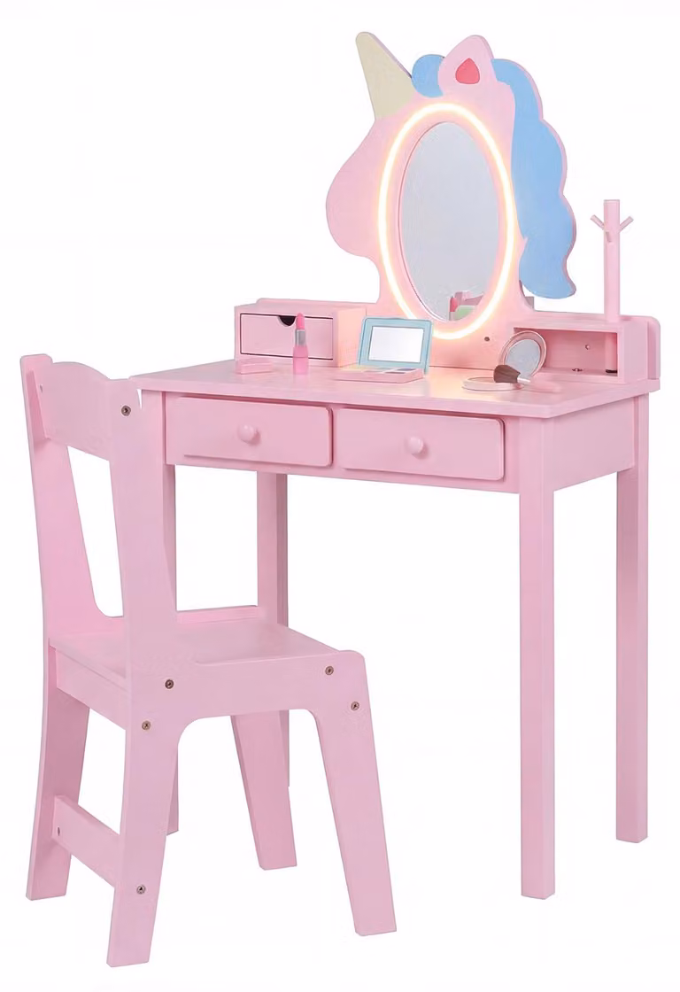 COSTWAY, tavolino da trucco per bambini, 2 in 1: tavolino da parrucco con illuminazione e 2 colori di luce. Tavolino da trucco per bambini con specchio, porta gioielli e cassetti, colore rosa