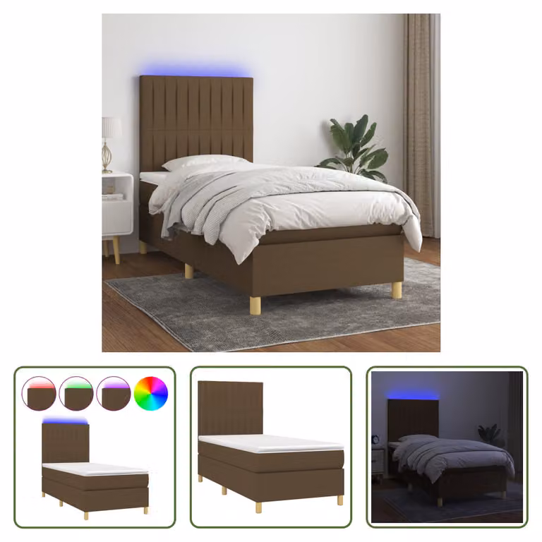 The Living Store Letto a molle con materasso e LED in tessuto marrone scuro 90x190 cm