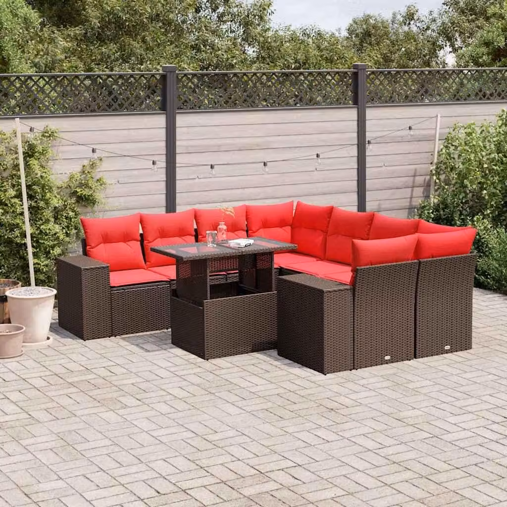 Maison Exclusive - Set divano da giardino 9 pezzi con cuscini, marrone, polyrattan