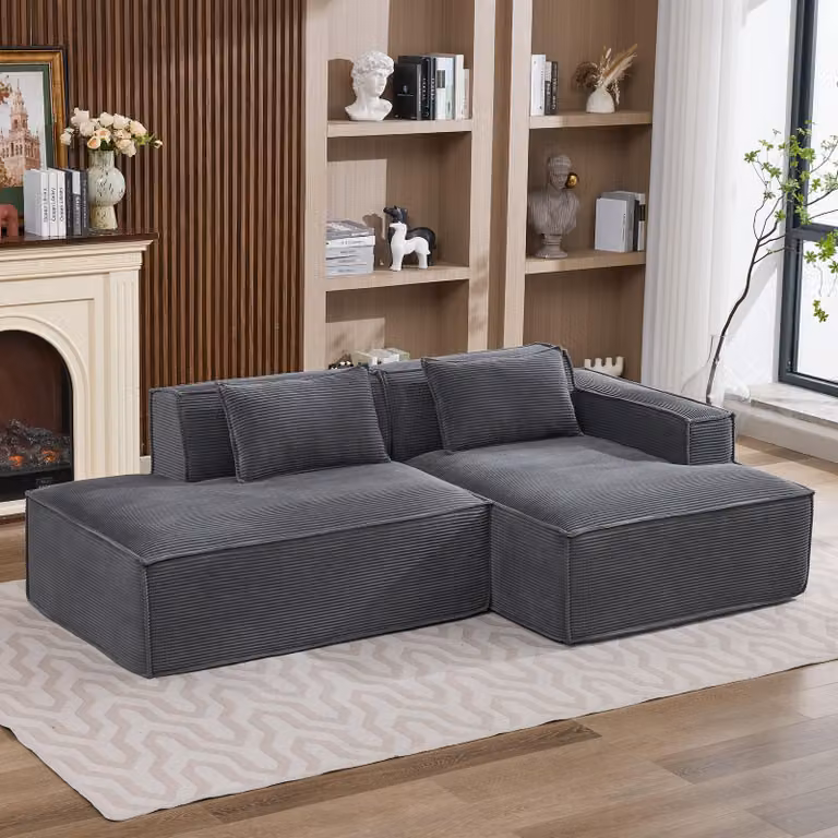 Divano componibile LVHOM in tessuto corduroy, 233 cm, divano lounge a 2 posti a filo pavimento con chaise longue, divano di facile manutenzione per il soggiorno, da montare, grigio