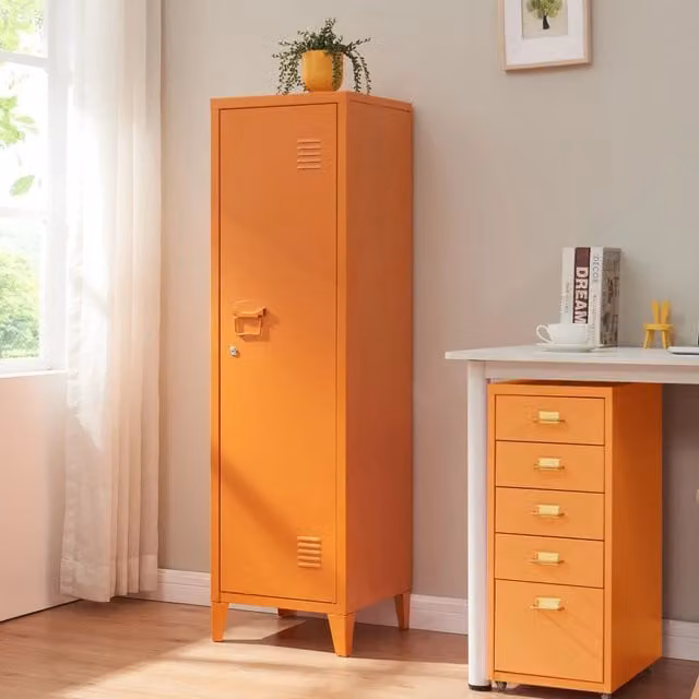 Armadio da ufficio Kurikka en.casa in acciaio arancione opaco con ante a battente e serratura L/P/H: 38 x 38 x 137 cm