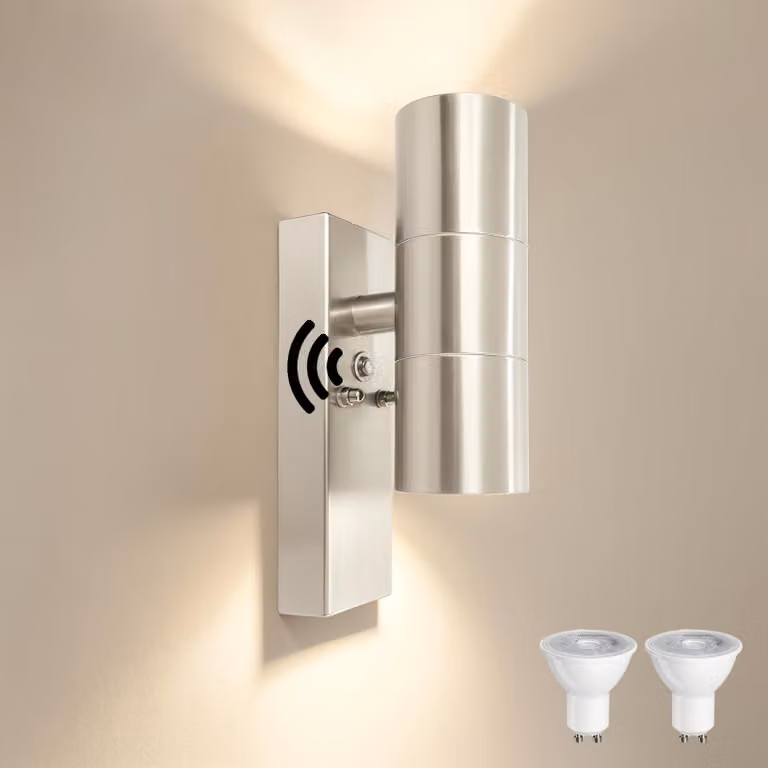 Lampada da esterno in acciaio inossidabile con sensore di luminosità, grado di protezione IP54, 2 x attacco GU10, 5W, 3000K