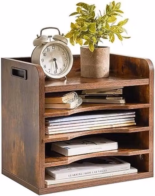 Organizzatore per ufficio multi-compartimento in legno marrone con scatole mobili in stile rurale