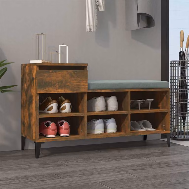 Scarpiera moderna vidaXL in legno e metallo colore rovere, con seduta integrata e mensole, L 102 x P 36 x H 60 cm