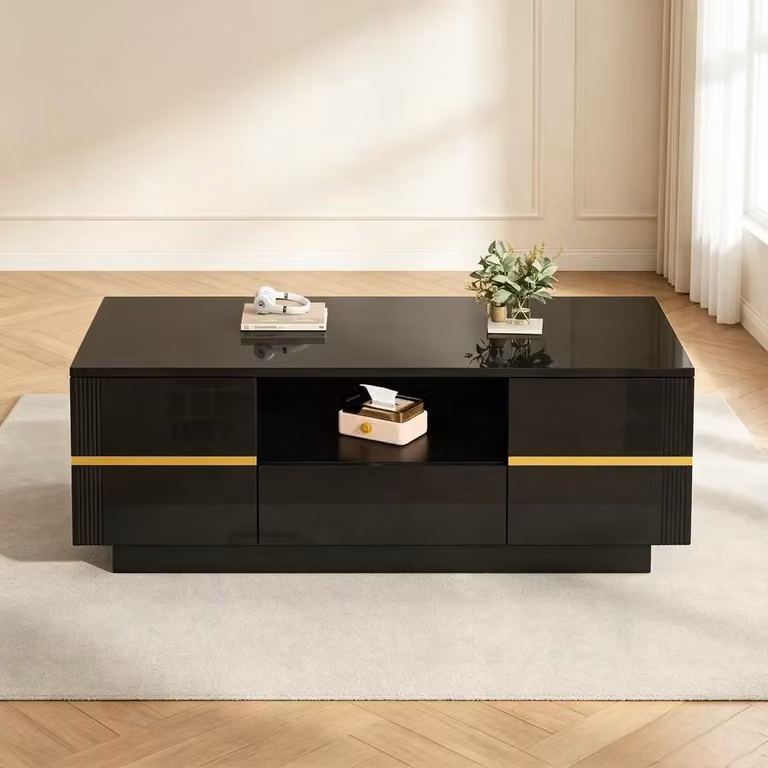 Tavolino da salotto in MDF nero con finitura lucida, dotato di illuminazione a LED, due ante, un cassetto e uno scomparto aperto