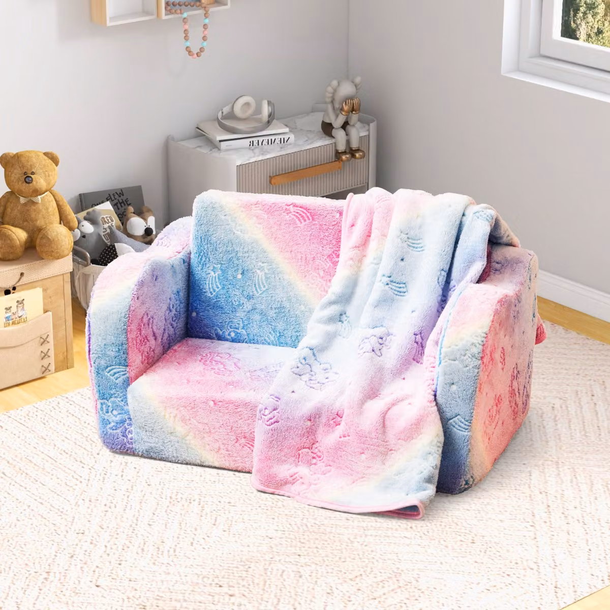 Divano pieghevole 2-in-1 e poltrona relax per bambini Costway con coperta, modello arcobaleno multicolore che brilla al buio