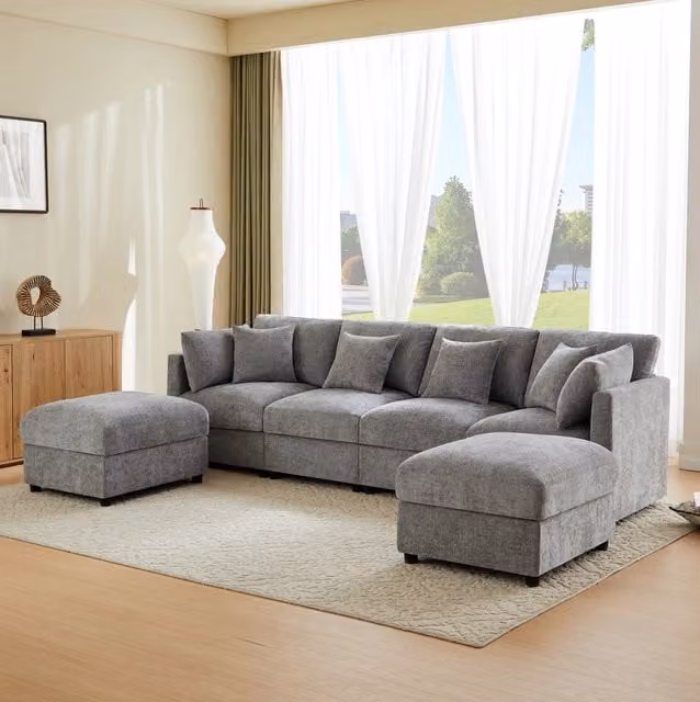 Sofa modulare 4 posti con 2 pouf; braccioli regolabili; 284x156;5x86 cm; chenille grigio