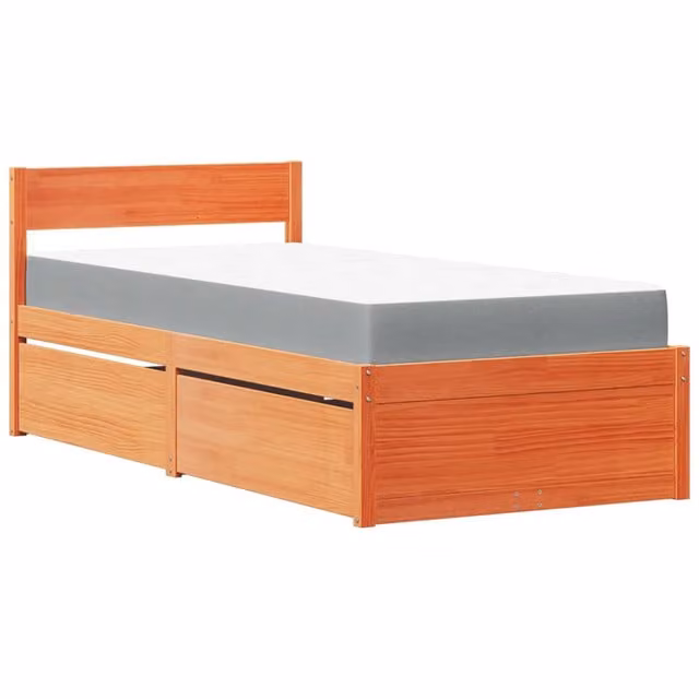 Letto singolo | Letto per adulti | Letto Cassetti e Materasso Marrone Cera 90x190cm Massello Pino