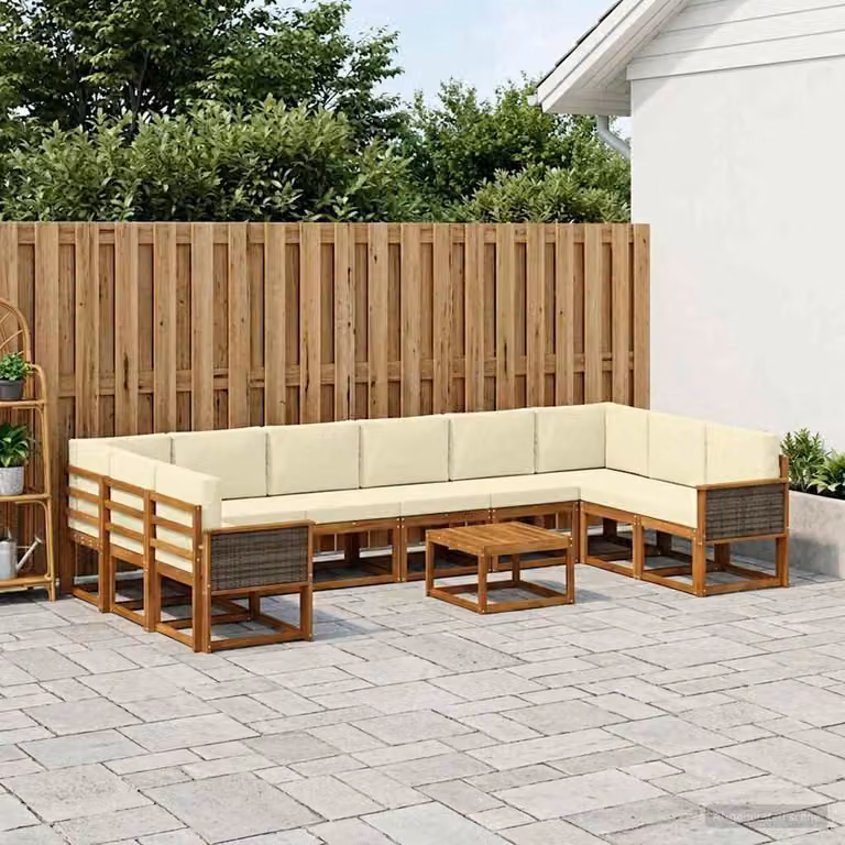 vidaXL Set di divani da esterno 11 pz in legno di acacia con cuscini, colore marrone, beige e bianco
