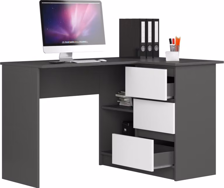 BDW, scrivania angolare destra, 3 cassetti, 4 ripiani, grigio / bianco destra