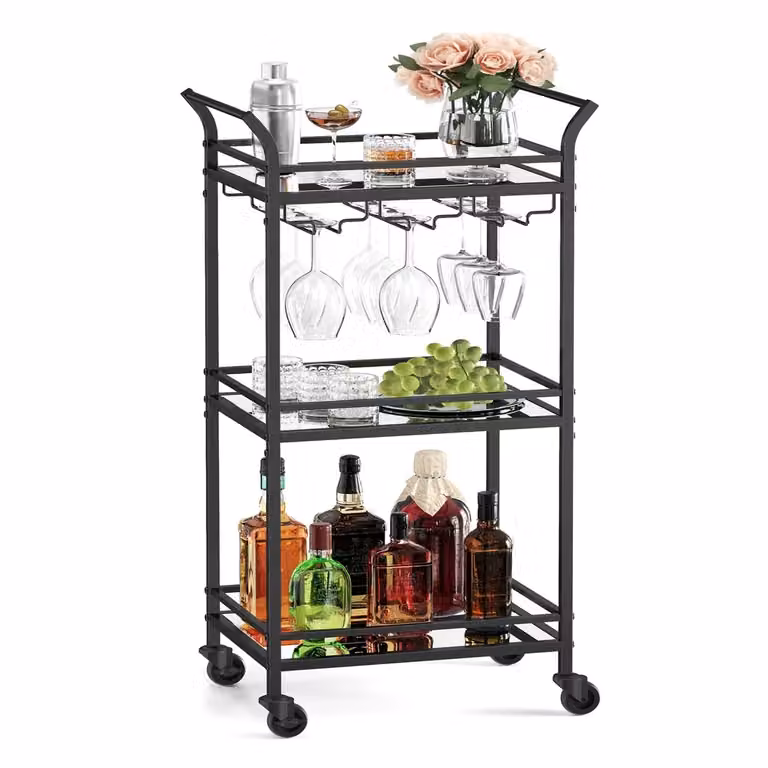 Carrello Cucina Portavivande con Ruote Maniglia Vetro a Specchio, Nero