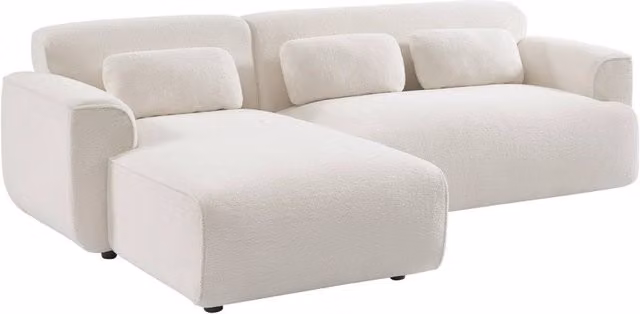 Divano angolare Sweeek in tessuto bouclé bianco con struttura in legno di pino e cuscini coordinati, L/P/H: 196 x 151 x 73 cm – 1