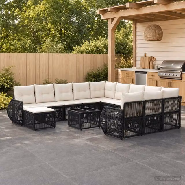 Set Divano da Giardino Moderno vidaXL a Forma a U, 13 Pezzi, Nero con Cuscini e Tavolino, Struttura in Metallo e Polyrattan